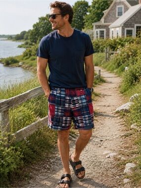 Nautica Clipper Patchwork Madras Shorts 33 Relaxed Fit 100% Cotton